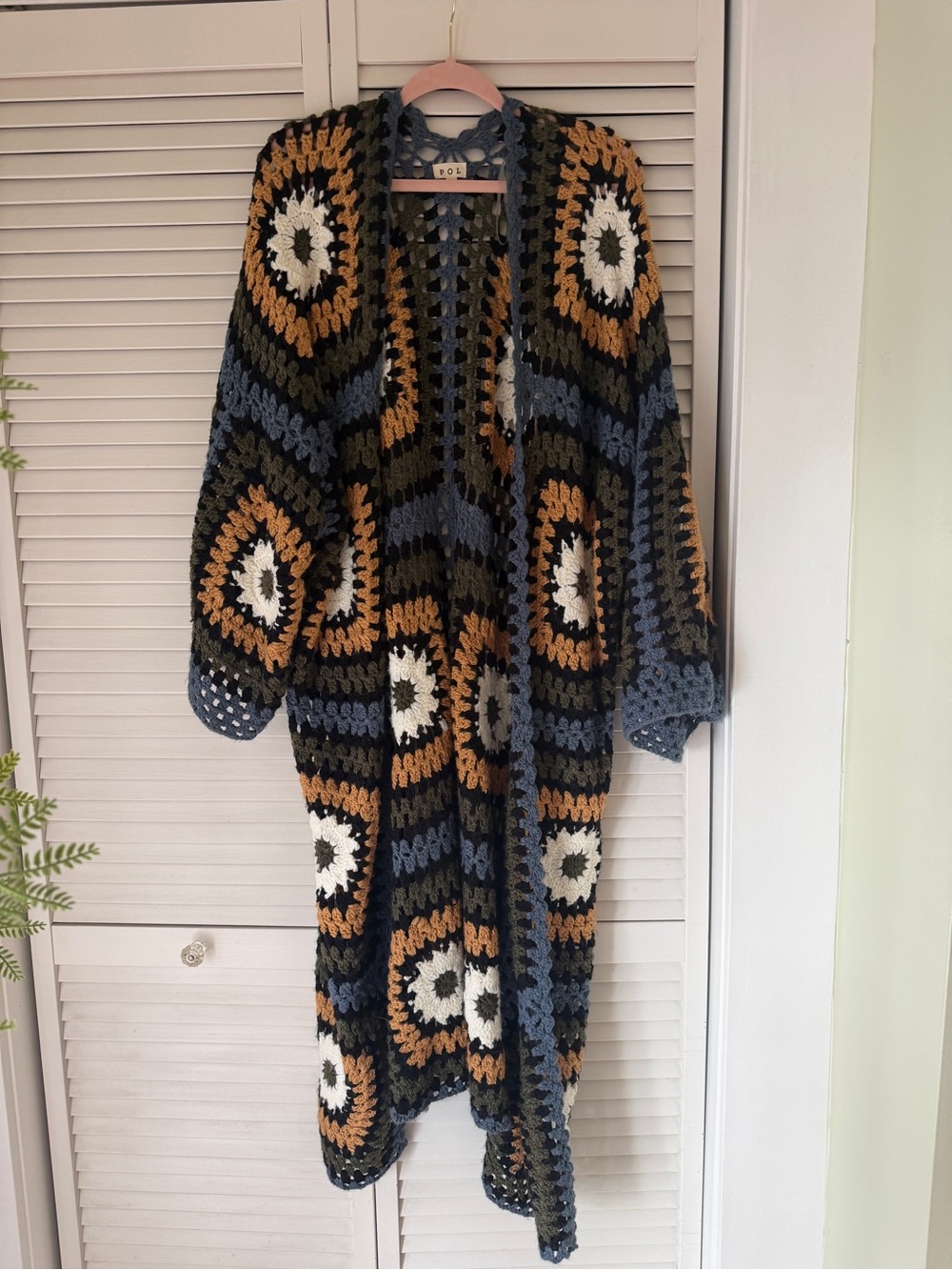 POL Crochet Long Cardigan - Black, Mustard, Olive & Slate